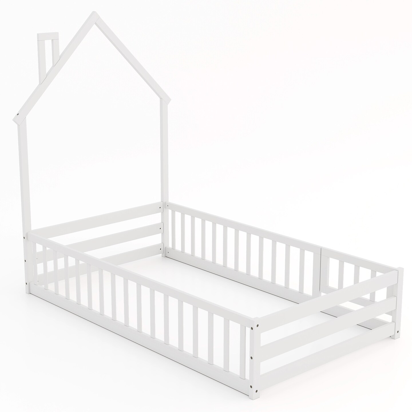 Wooden Twin Size Montessori Floor Bed with Lockable Door Guardrails and House Shape Design