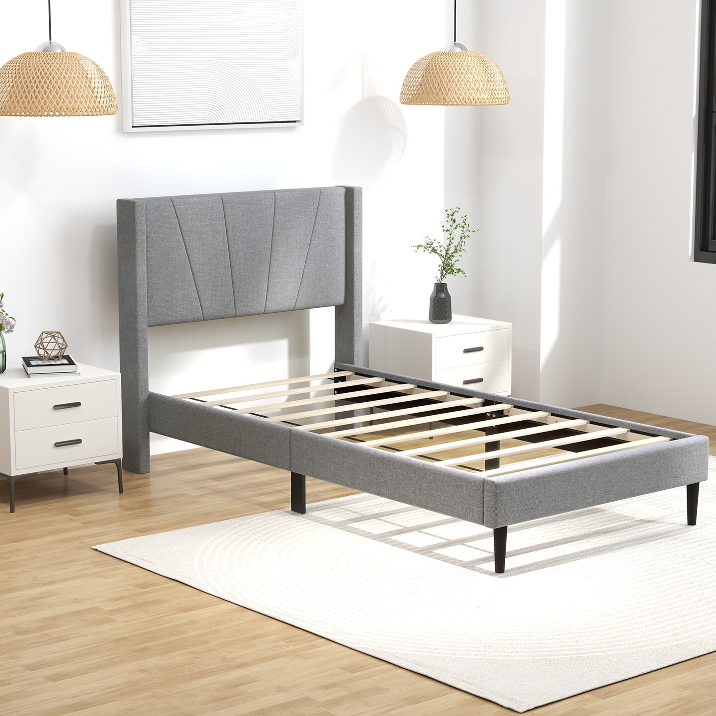 Platform Bed Frame with Linen Upholstered Wing-back Headboard and Solid Wood Legs
