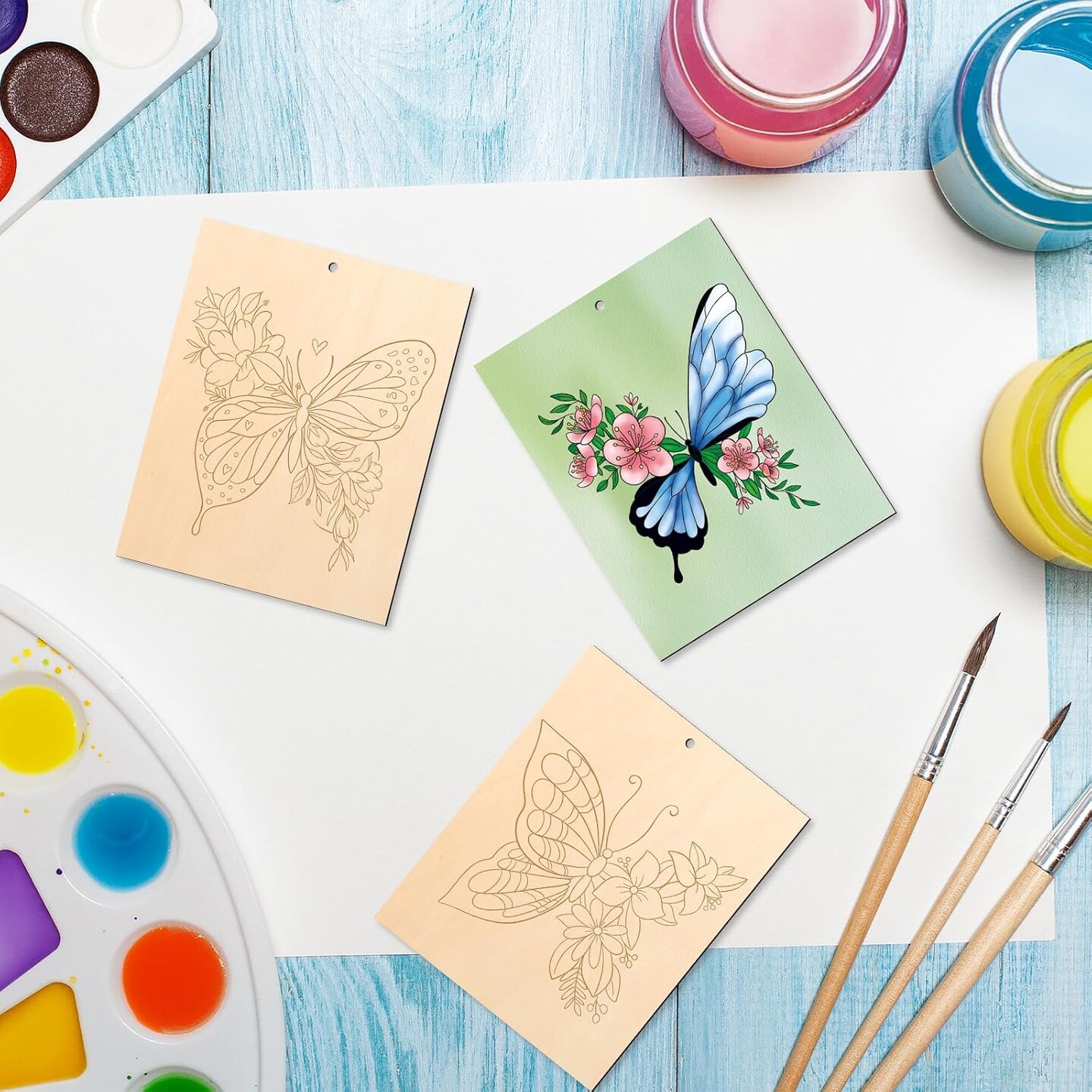 10 Pieces Large Spring Butterfly Unfinished Wood Crafts to Paint for Adults and Kids, Bulk Predrilled Wooden Ornaments for Painting, Butterflies Paintable Wood Slices Craft Supplies with Ropes 5.87 x 4.8 x 0.12 inches