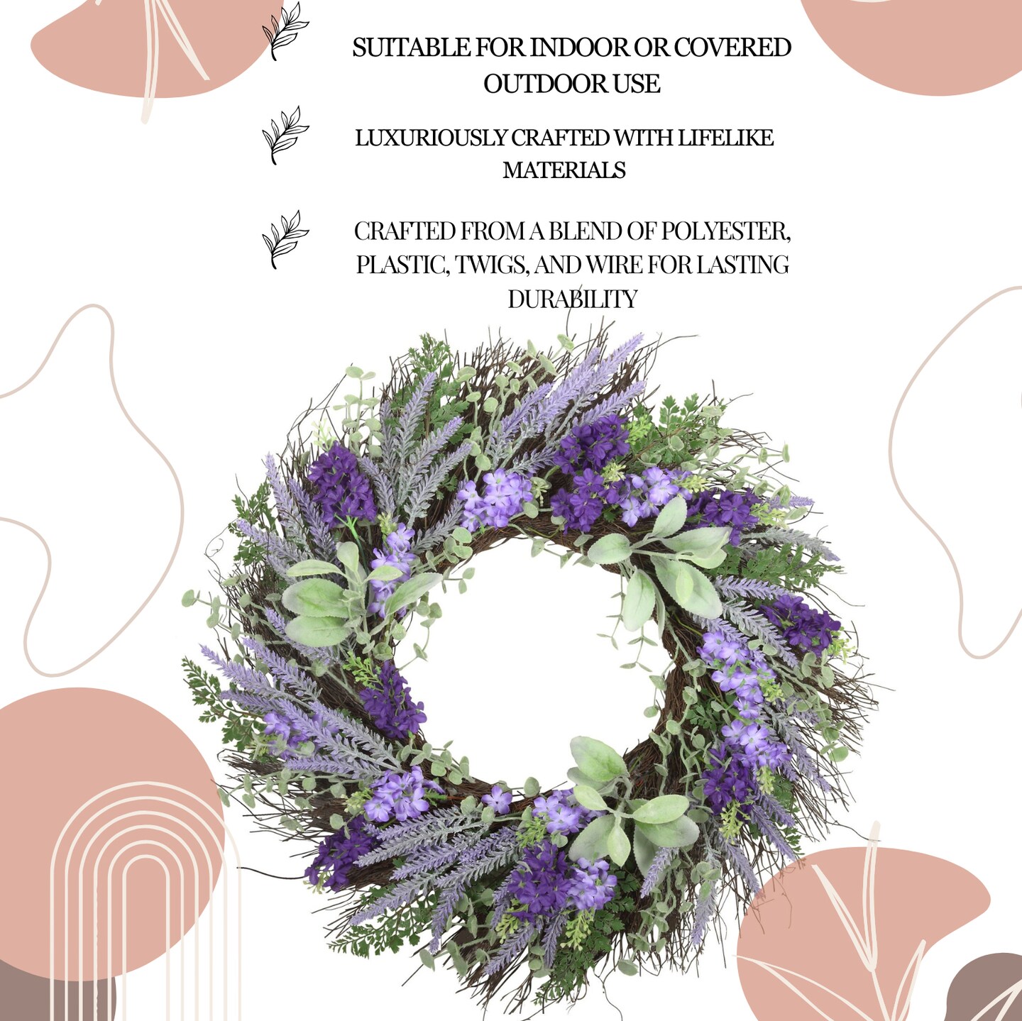 Haute Decor Mixed Lavender Floral 24-Inch Spring and Summer Wreath with Natural Grapevine