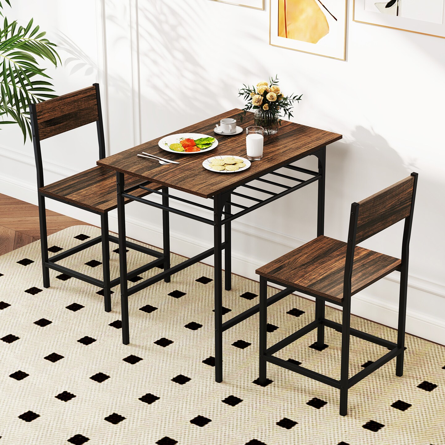Black Metal Dining Table Set with Storage Rack and Sturdy Frame