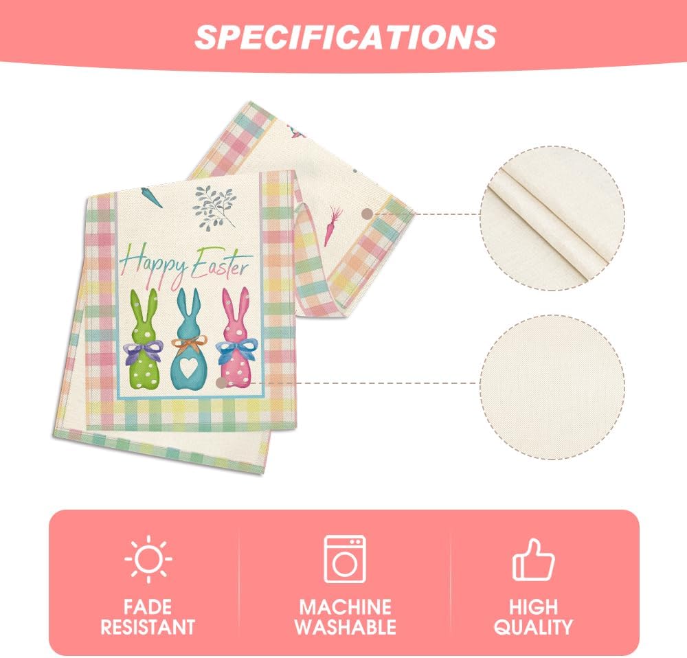 Green Blue Pink Buffalo Plaid Bunny Happy Easter Table Runner