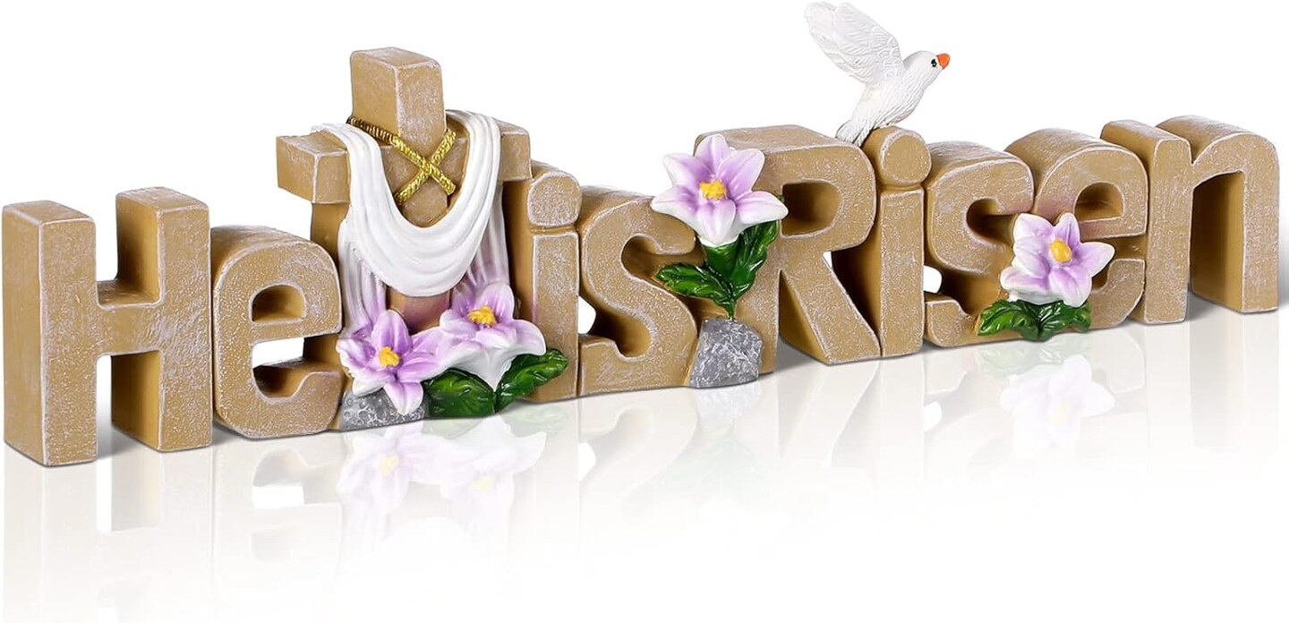 He is Risen Table Top Decoration Easter Resin Table Sign Cross Dove Flowers Easter Table Decor Easter Centerpieces for Table Top Easter Decorations for Home Dining Room Spring (Natural)