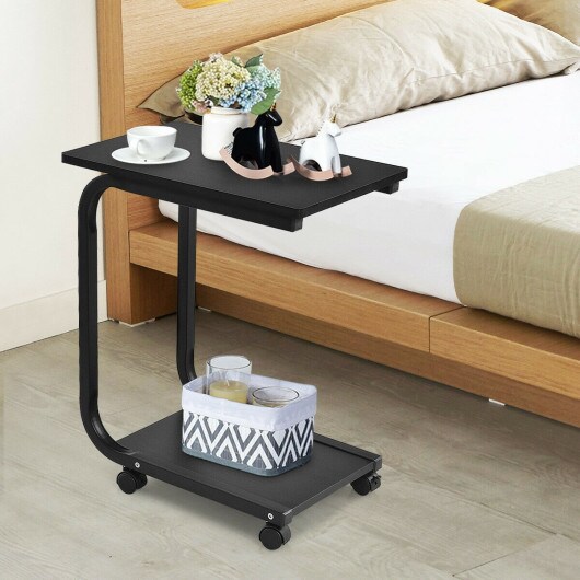 2-Tier Black Side Table with Wheels Rolling Bedside Nightstand with Shelves for Small Spaces