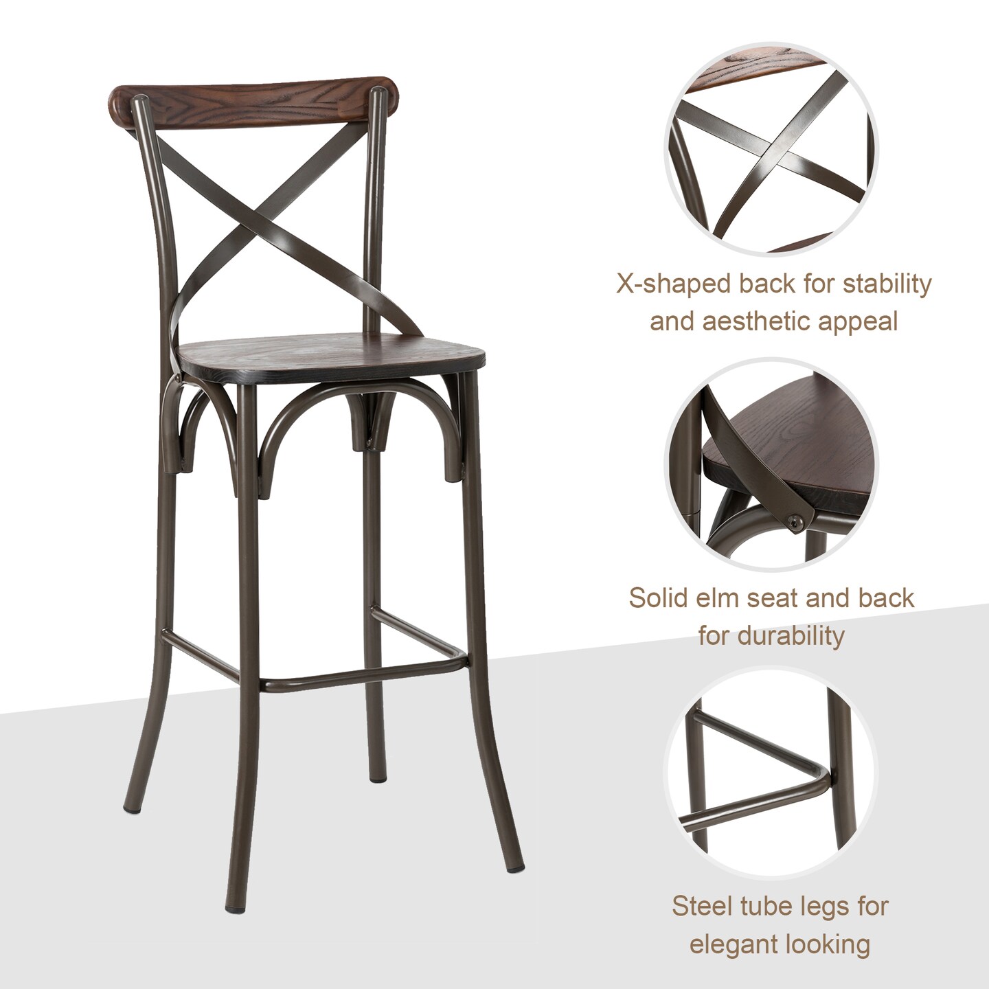 Industrial Rustic High Bar Stools With Solid Elm Wood Seat and Back Support &#x26; Bar Table With Adjustable Round