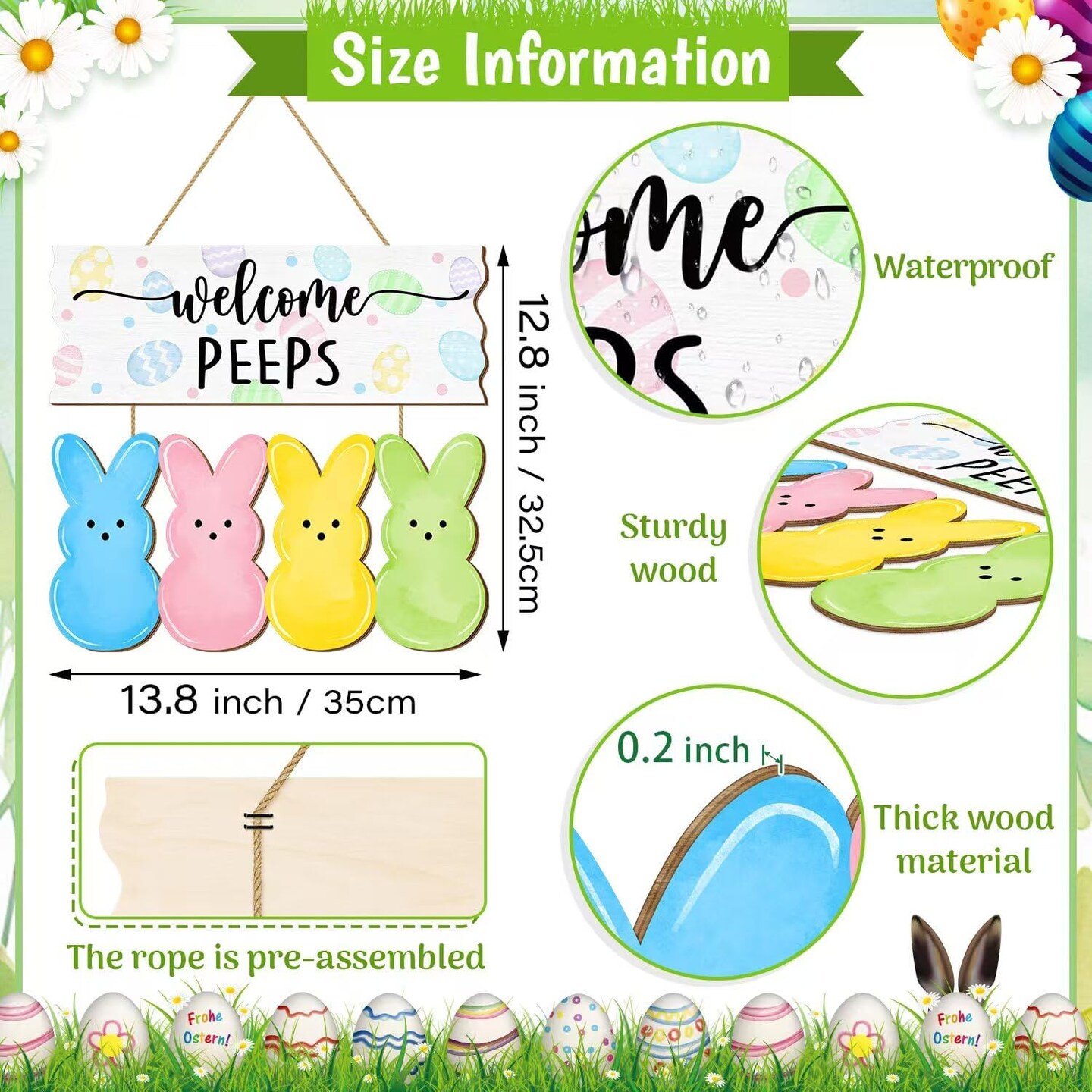 Easter Door Sign Bunny Decor, Welcome Peeps Wall Sign Decorations, Easter Eggs Wooden Door Hangers Wreath for Indoor Outdoor Spring Easter Decorations Home Party Supplies