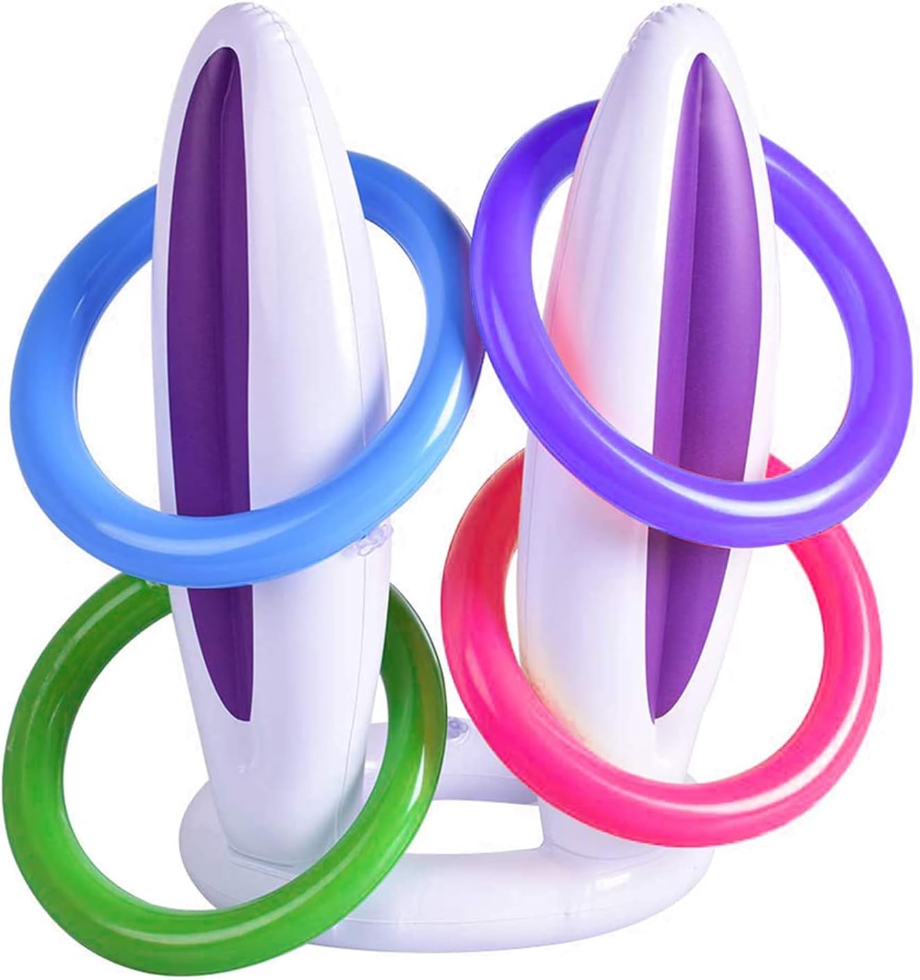 [ 16 Score Rings ] 4 Pack Inflatable Bunny Rabbit Ears Ring Toss Game for Kids Toy Gifts for Carnival Outdoor Game Easter Party Supplies 4 Color Girl Boy Easter Basket Stuffers Hat