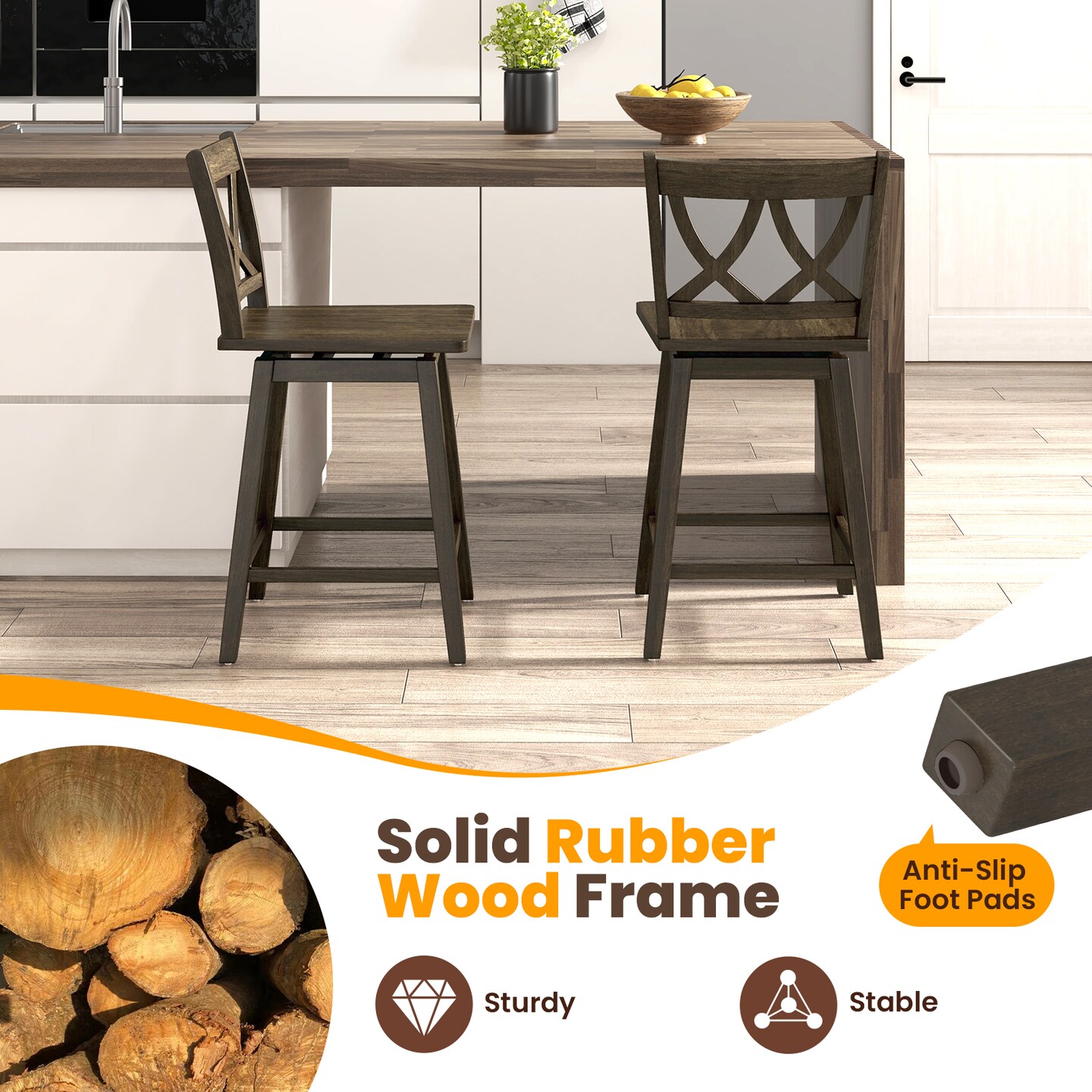 24/29 Inch Bar Stool Set of 2 Wooden Bar Chairs with Rubber Wood Frame, Adjustable Height, Modern Design