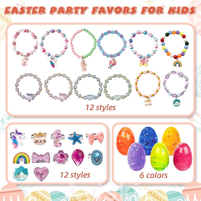 12Pcs Easter Surprise Eggs with Cute Bracelet &#x26; Ring Inside for Easter Theme Party Favors, Supplies for Easter Egg Hunt, Basket Stuffers/Fillers, Classroom Prize Supplies Toddler Boys Girls