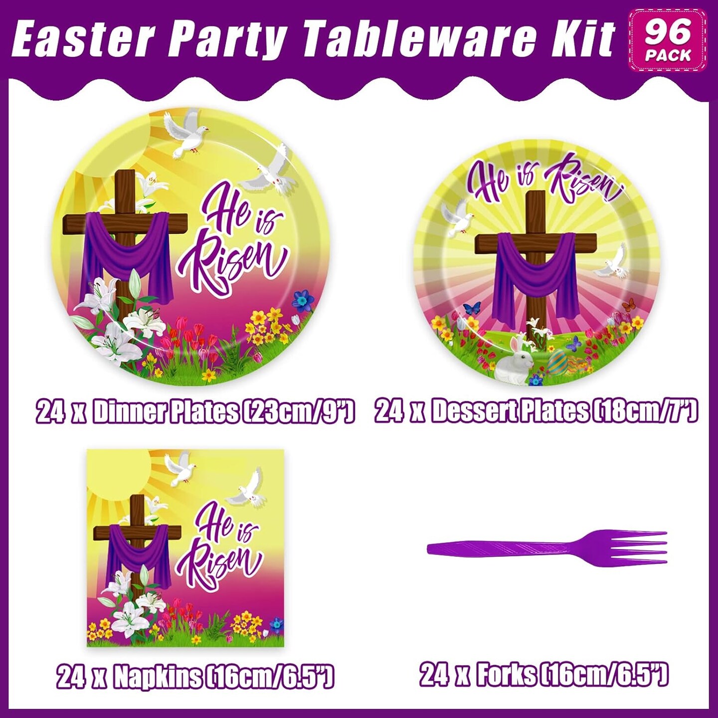 96 Pcs Easter He is Risen Paper Plates Napkins, Easter Religious Inspiring Party Decorations Supplies Disposable Dinnerware Tableware Set, Serves 24