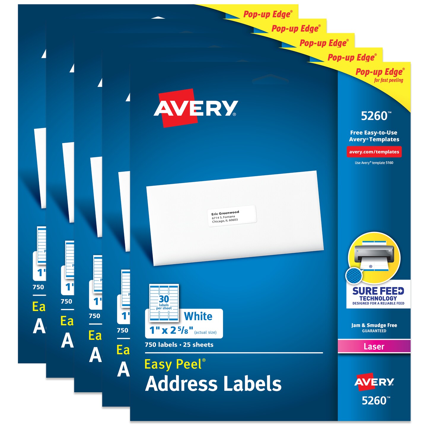 Avery Easy Peel Printable Address Labels with Sure Feed, 1&#x22; x 2-5/8&#x22; Customizable Stickers, White, 750 Blank Mailing Labels, Great for Mailing, Shipping, and More (5260) - 5 Pack