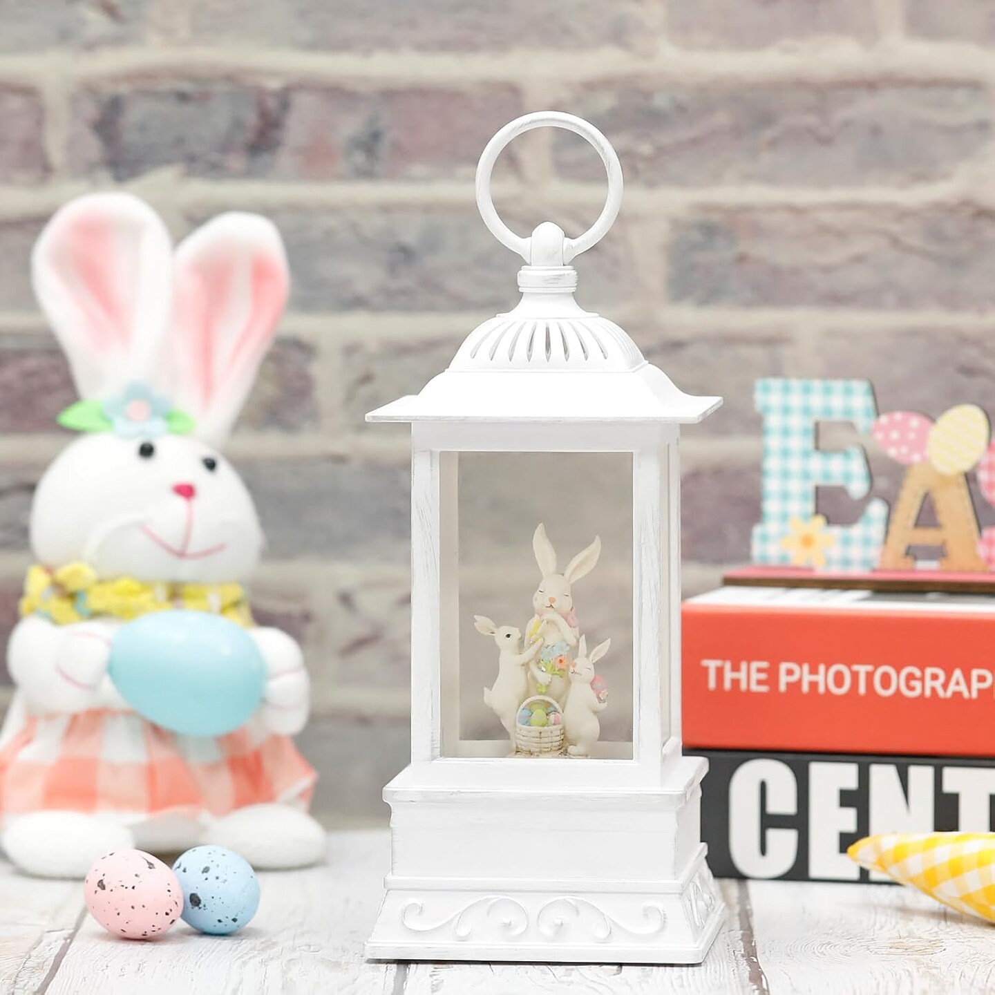 Easter Snow Globe, Easter Decorations for The Home, Easter Bunny Lighted Glitter Lantern, Spring Home Decor Easter Gift