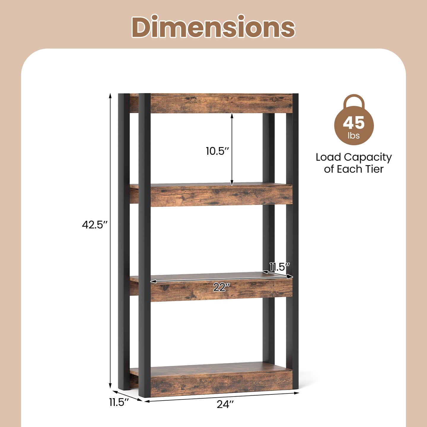 4 Tier Bookshelf Wooden Bookcase with Dual Anti-Tipping Kits Perfect for Living Rooms, Bedrooms Or Studies