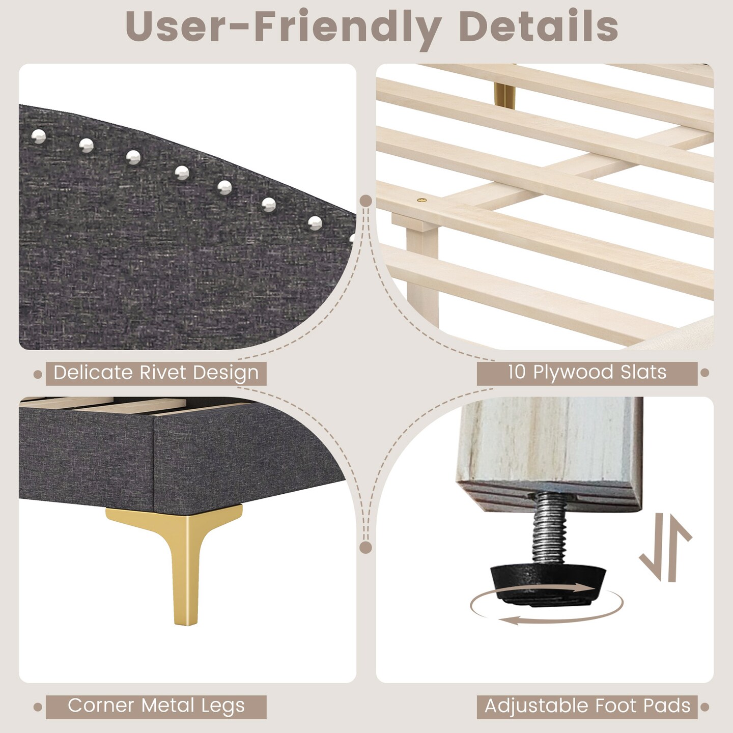 Full/Twin Size Rivet-Tufted Platform Bed with Metal Legs and Wood Slats-Full Size