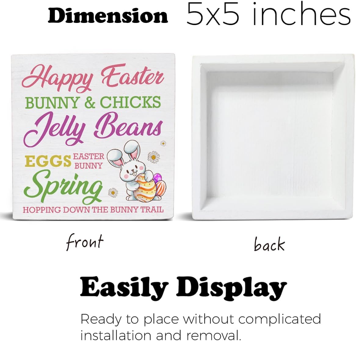 Easter Decor Happy Easter Bunny Wooden Sign, Easter Decorations for the Home, Easter Wooden Plaque Block Sign Rustic Home Kitchen Decor 5 x 5 Inches