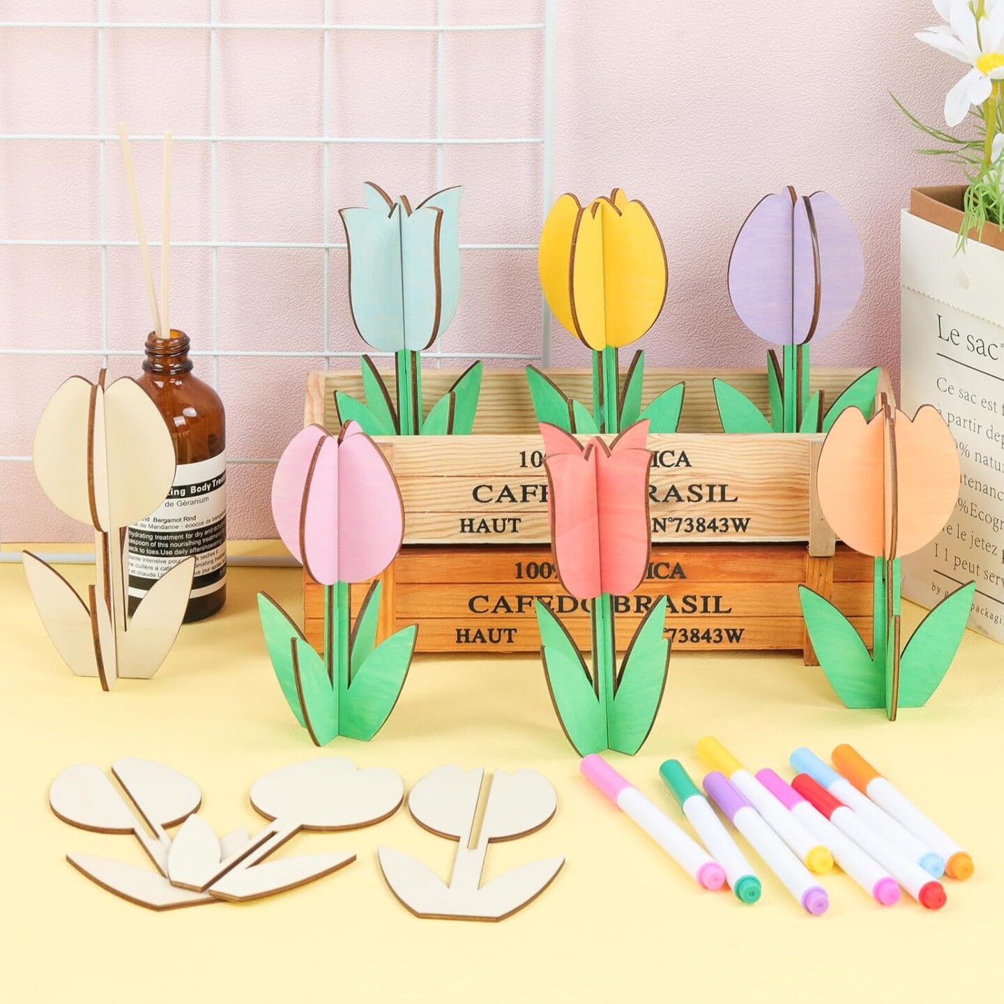 24 Pack Wood Tulips to Paint, DIY Wooden Tulips Flowers Craft Kits with Decorate Tools Spring Summer Centerpieces Craft Ornaments for Home DIY Craft Party Favors Tiered Tray Decorations
