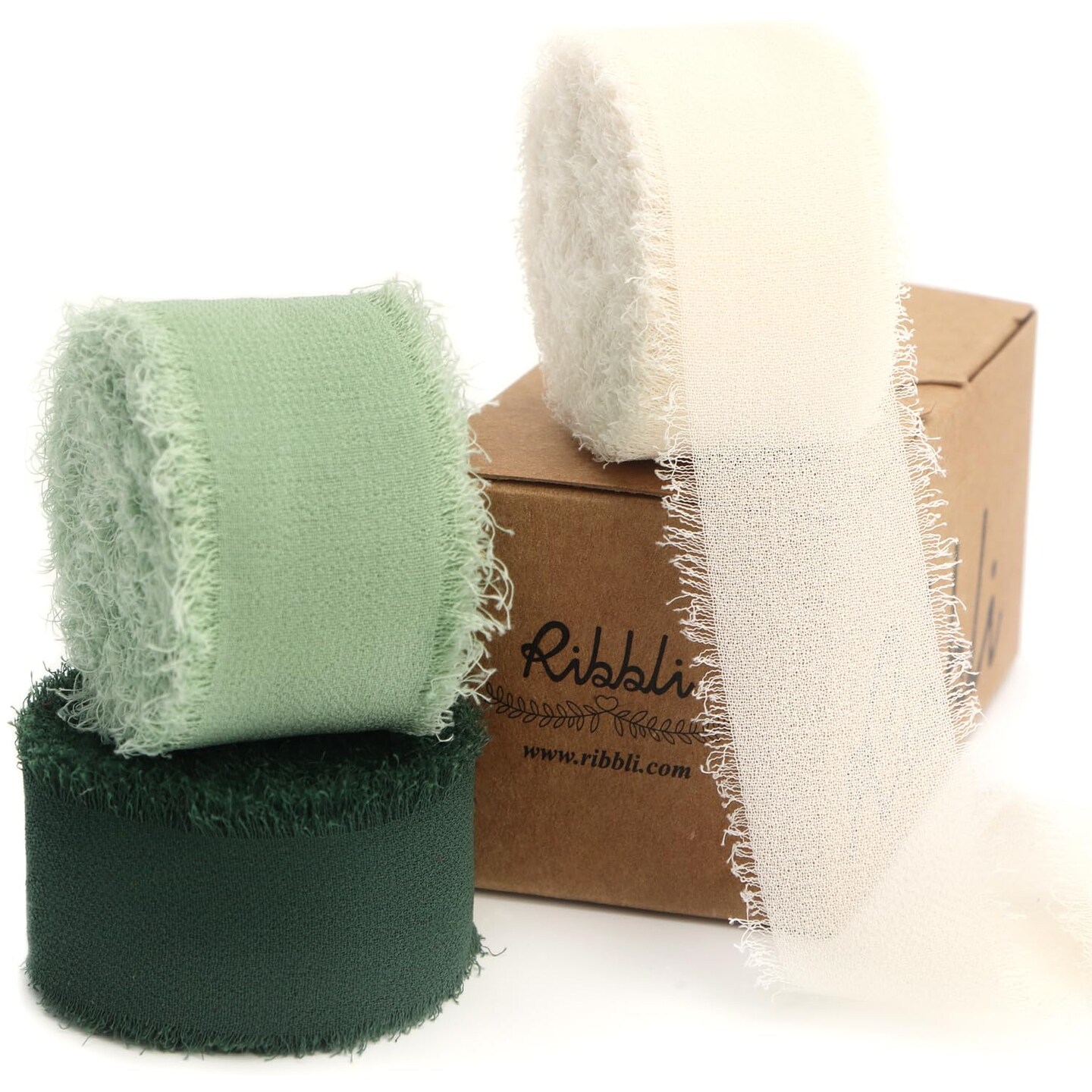 Green Ribbon 1 Inch x 3 Rolls Total 24 Yards Ivory/Sage/Forest Green Handmade Fringe Chiffon Silk Ribbon for Wrapping Wedding Invitations Bridal Bouquets DIY Crafts Home Decor