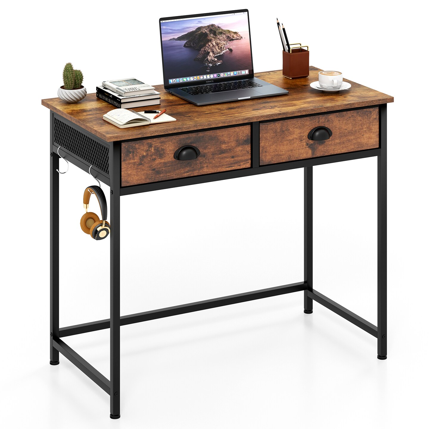 Space Saving Home Office Desk with 2 Fabric Drawers and 4 Hanging Hooks