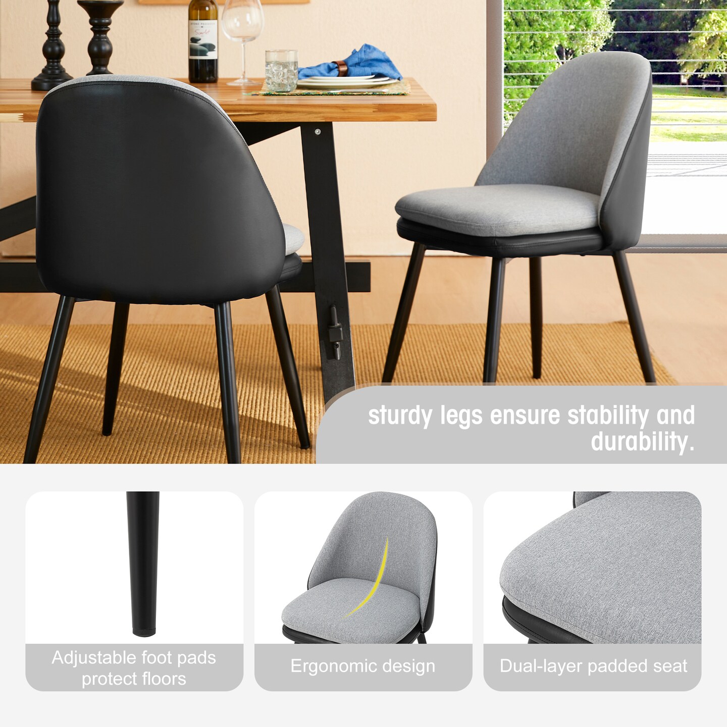 Set of 2/4 Modern Two-tone Color Dining Chair with Metal Black Tapered Legs - Black Leatherette Mixed Grey Fabric