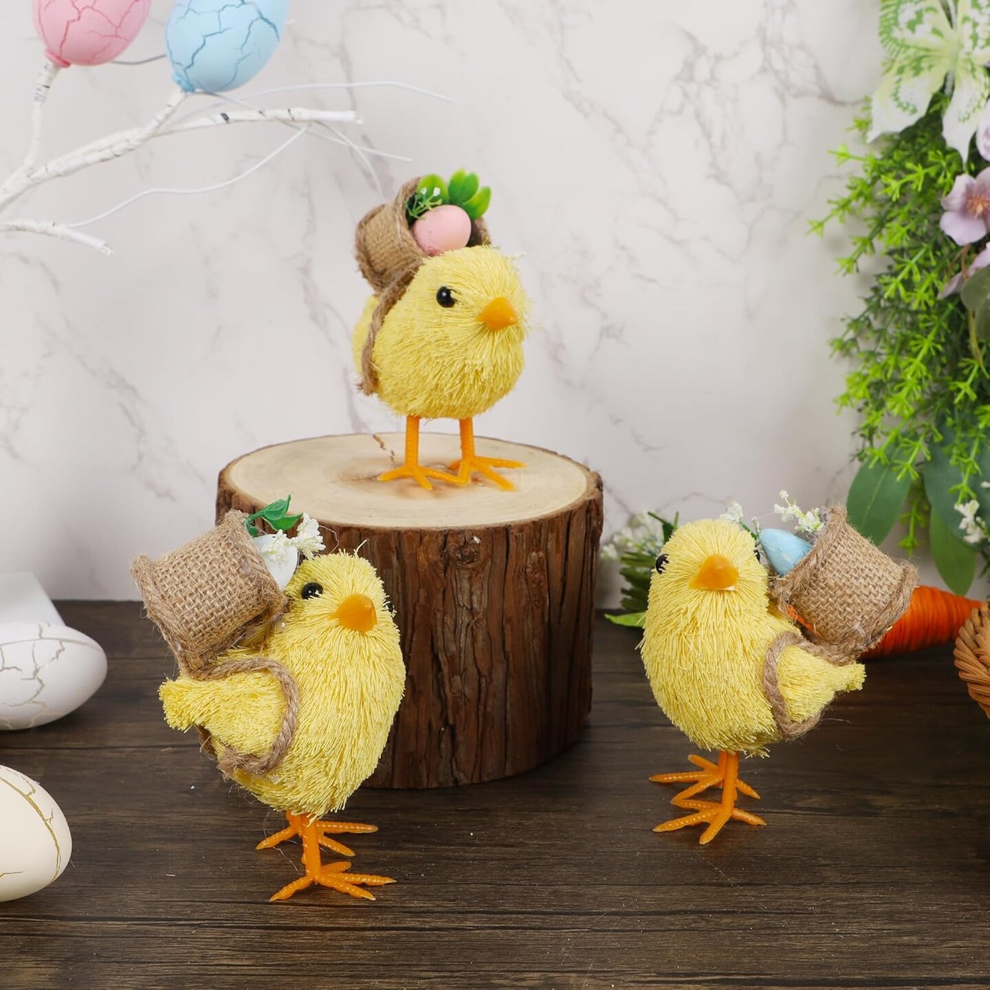 Set of 3 Easter Decorations 4.5" Straw Chick Figurines with Egg Baskets