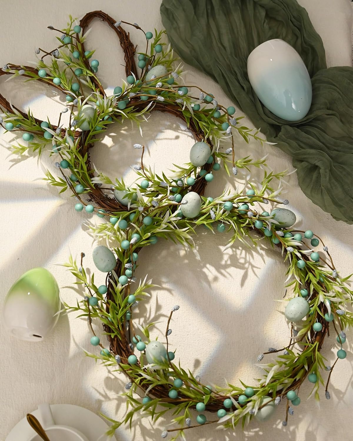 Easter Bunny Spring Wreath with Egg, Twig and Berries Green Rabbit Easter Wreath for Front Door Decorations Home Farmhouse Outdoor Indoor Wall Mantel Window