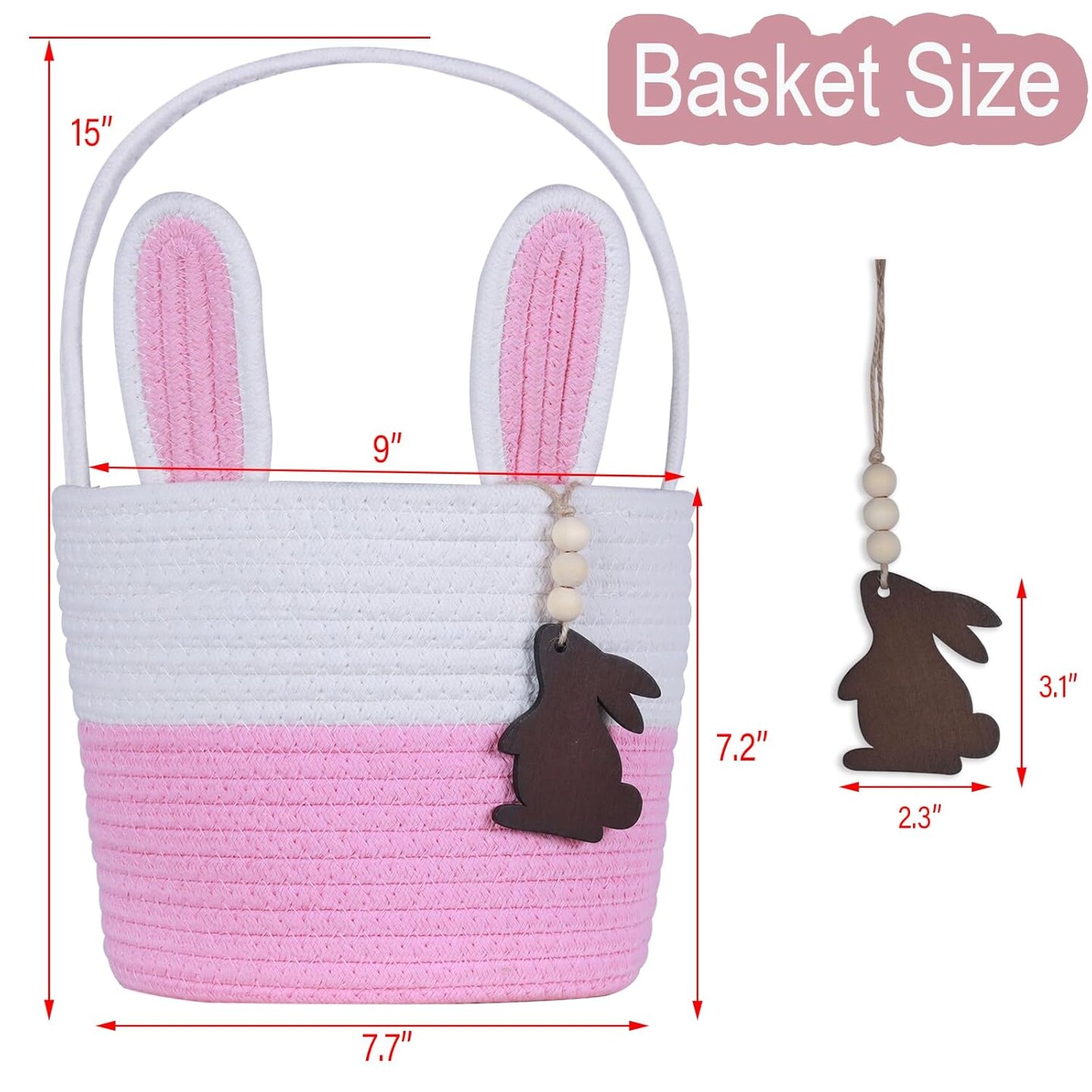 Easter Basket Empty Easter Baskets for Kids Boys Girls with Bunny Tag Egg Basket Eater Gifts Basket Toddler Teens Babys First Easter Basket with Handle Pink White