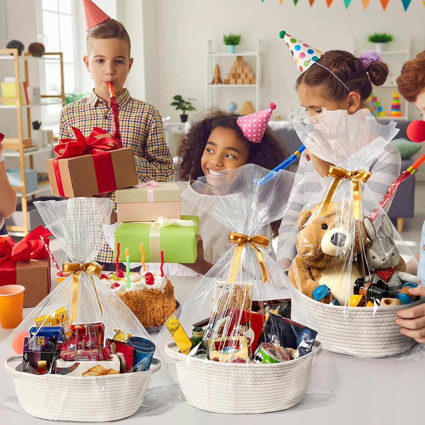 4 Pack Small Woven Basket with Handles, All 12"x 8"x 5", Cotton Rope Room Shelf Storage Basket, Cat Toys, Cute Baby Gift Basket with Gift Bags and Ribbons for Nursery, Empty Decorative Gift Chest Box