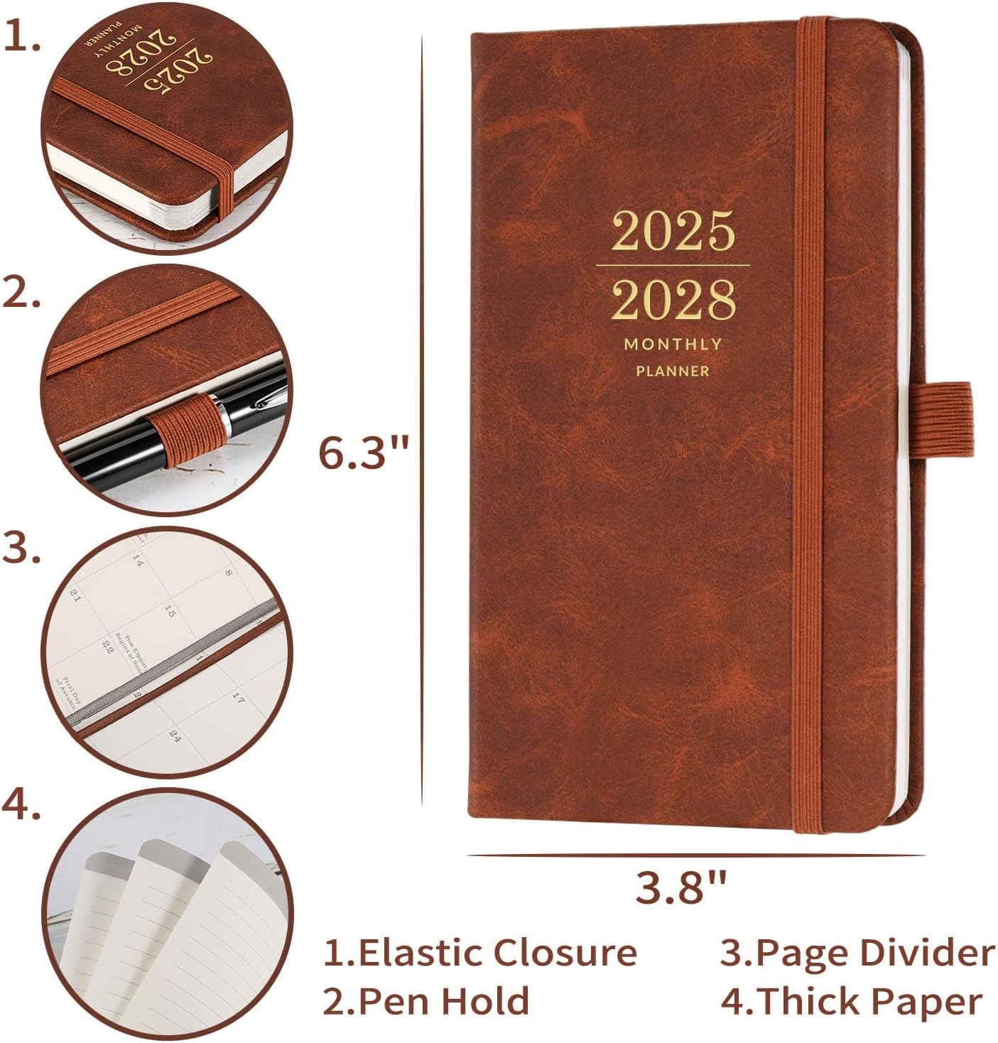 2025-2028 Monthly Pocket Planner - JUL.2025 to JUN. 2028, 3 Year Monthly Pocket Calendar, Faux Leather Cover, Small Planner, 3.8&#x22; &#xD7; 6.3&#x22;, Pen Holder, 2 Bookmarks, Back Pocket