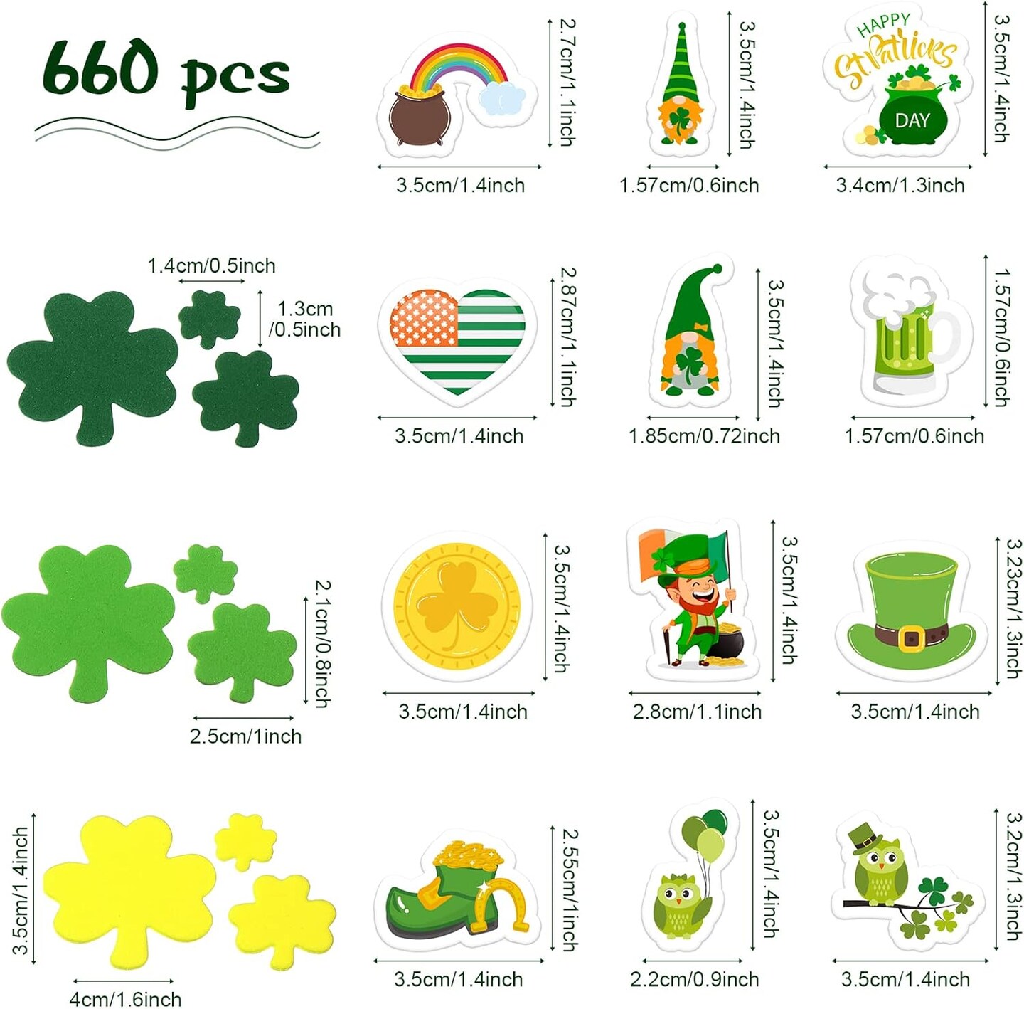 660 Pieces St. Patrick&#x27;s Day Foam Sticker Assorted Styles Adhesive Decals Shamrock Foam Stickers for St. Patrick&#x27;s Day