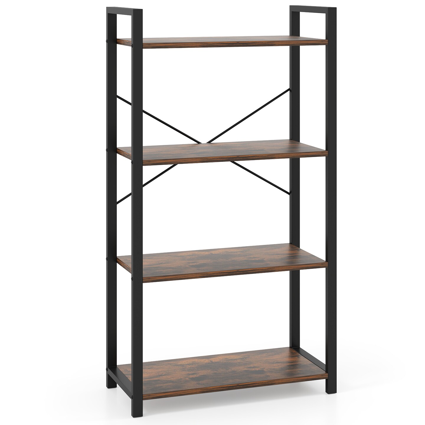 Rustic Brown 4-Tier Bookshelf with Heavy Duty Metal Frame Perfect for Any Room
