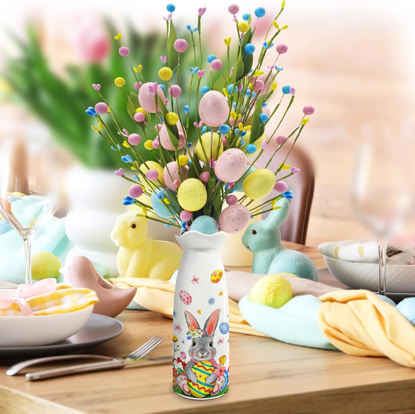 Easter Decor, Easter Artificial Flowers 3 PCS with Vase, Bunny Table Decorations