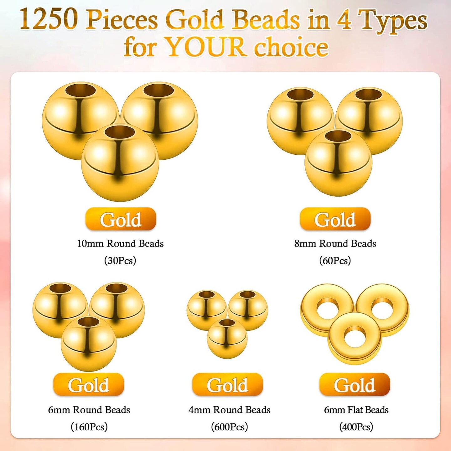 1250 Pieces Gold Spacer Beads for Jewelry Making, Gold Round Beads and Gold Flat Clay Beads for Bracelets Making, Small Gold Filled Beads for Jewelry Making