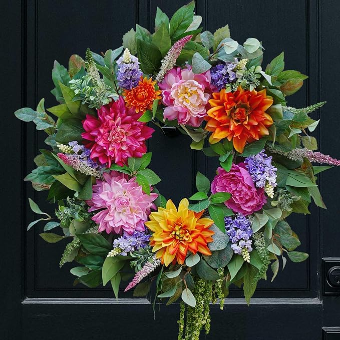 Spring Wreaths for Front Door Outside 24 Inch Spring Wreath&#x2013; Colorful,Lifelike Dahlia,Hyacinth Summer Flower Wreath Green Eucalyptus Door Wreath with Grapevine Base for Indoor Outdoor Use