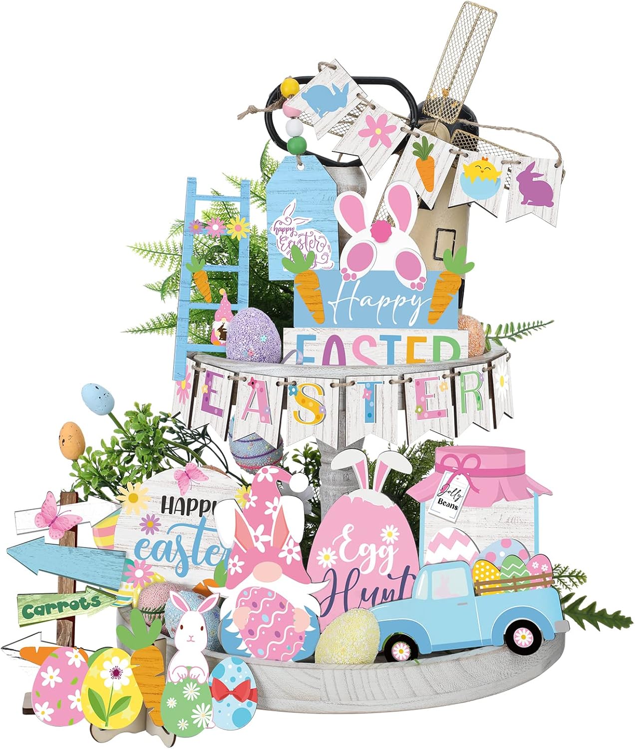 Easter Tiered Tray Decor Happy Easter Tiered Tray Ornament Rustic Farmhouse Spring Sign Bunny Truck Gnome Egg Wooden Sign
