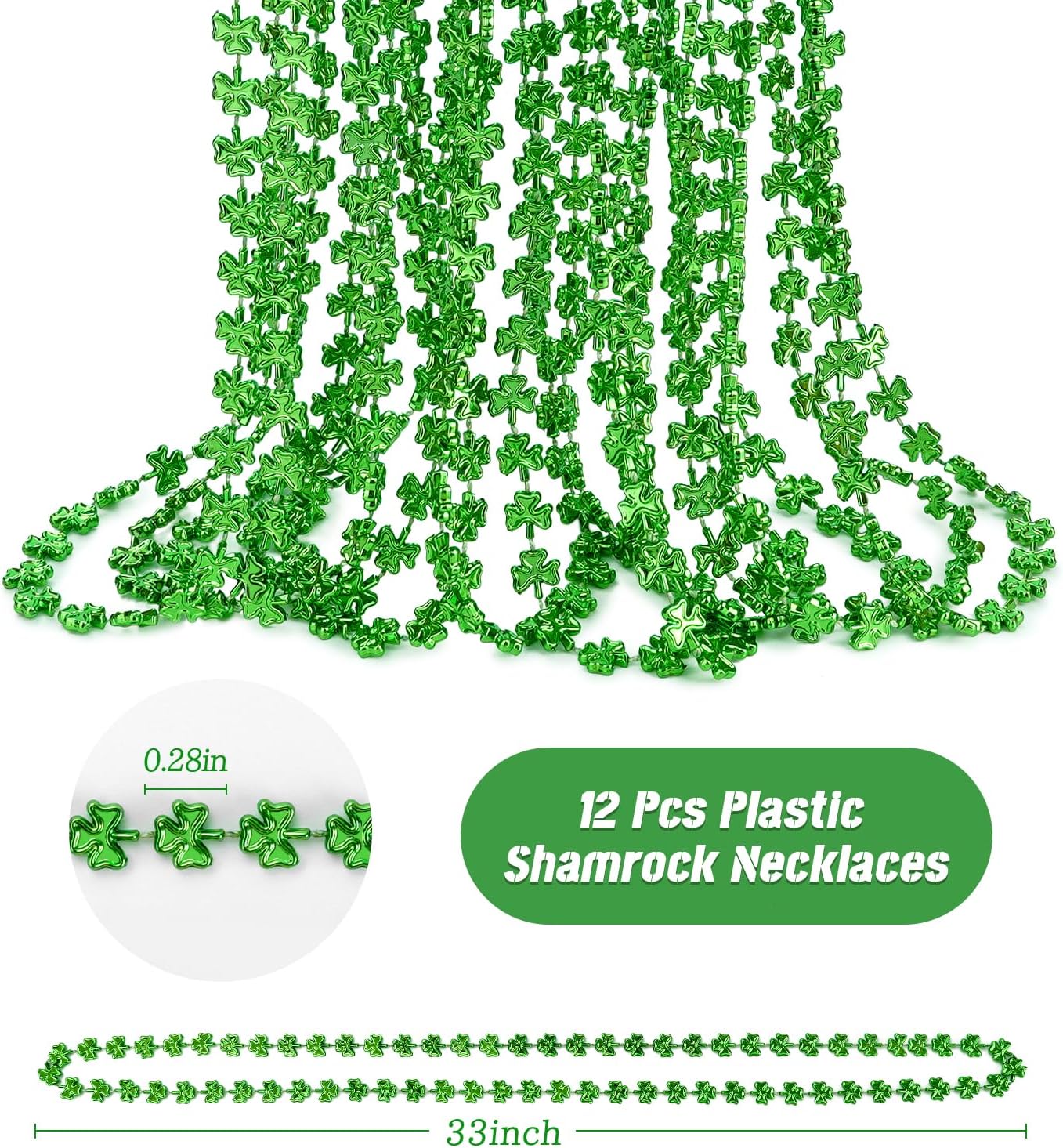 12Pcs St Patricks Day Shamrock Necklaces, St Patricks Day Necklace, Plastic Shamrock Necklaces Bulk, 33" 7mm Green Clover-Shaped Beads Necklace for St. Patrick's Day Party Favors Decorations Gift Supplies Women Men