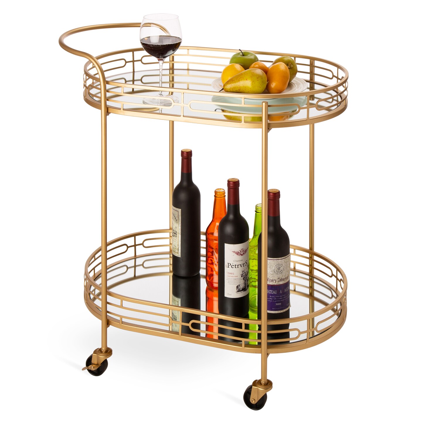 30.75&#x22;H Deluxe 2-Tier Metal Oval Mirrored Bar Cart -Golden