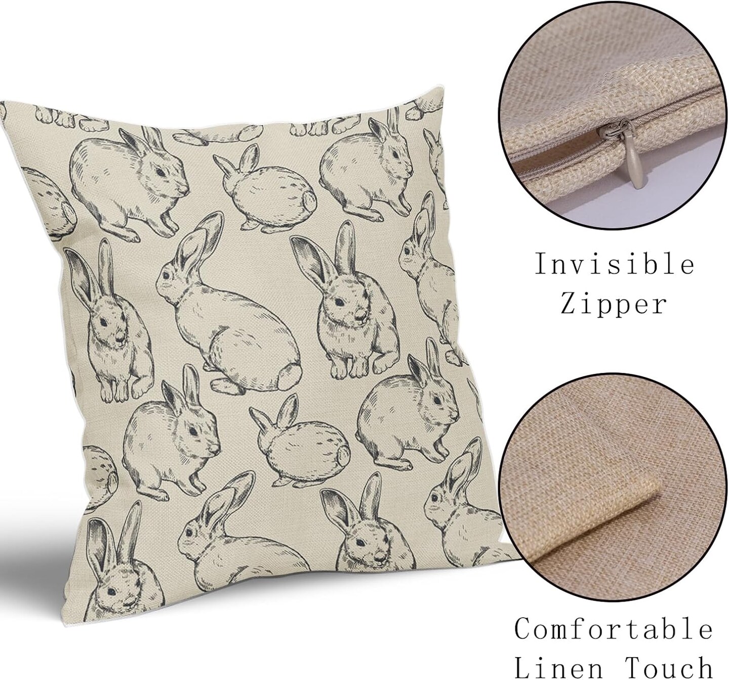 Black Easter Pillow Covers 18x18 Set of 2 Cute Bunny Rabbit Easter Themed Print Decorative Outdoor Throw Pillows