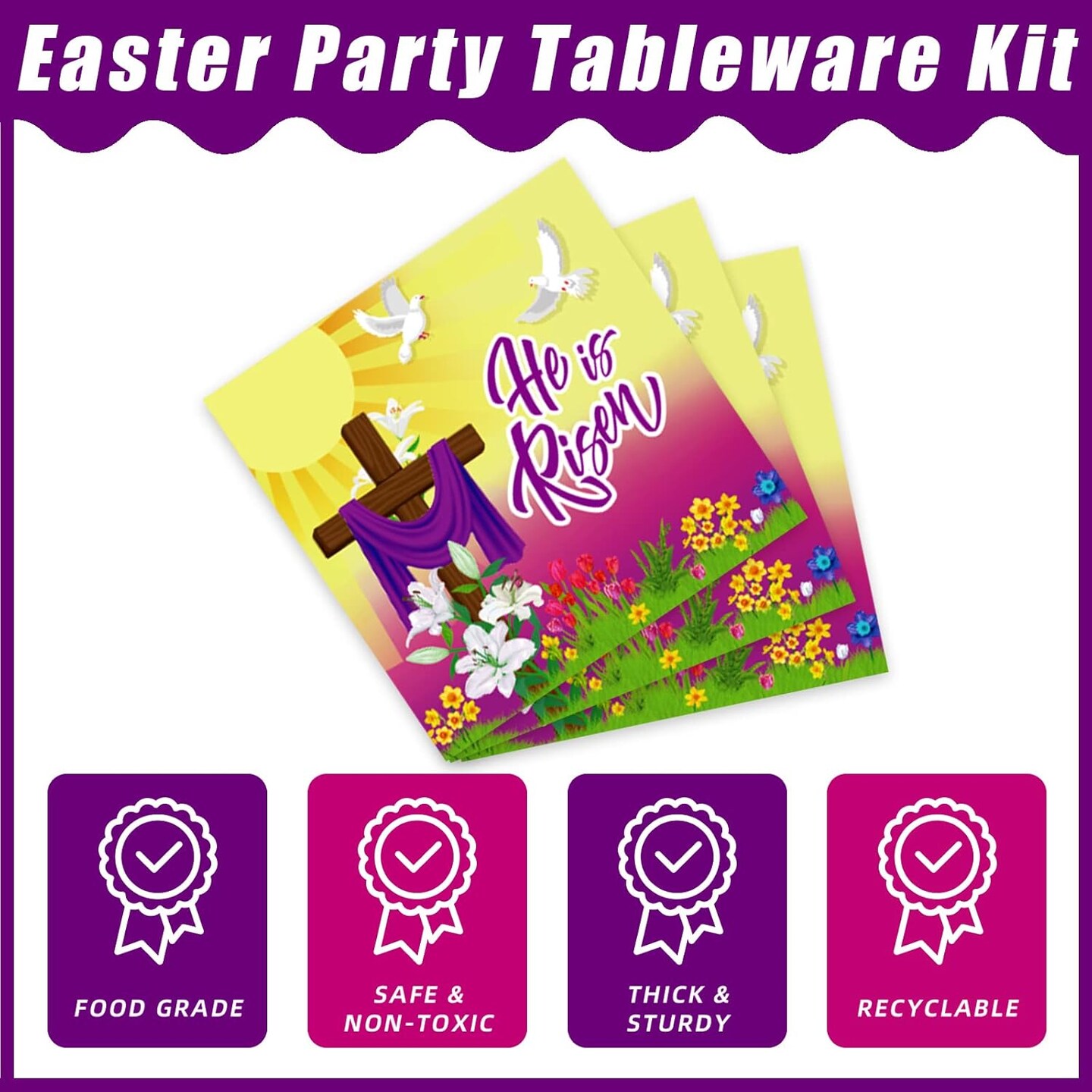 96 Pcs Easter He is Risen Paper Plates Napkins, Easter Religious Inspiring Party Decorations Supplies Disposable Dinnerware Tableware Set, Serves 24