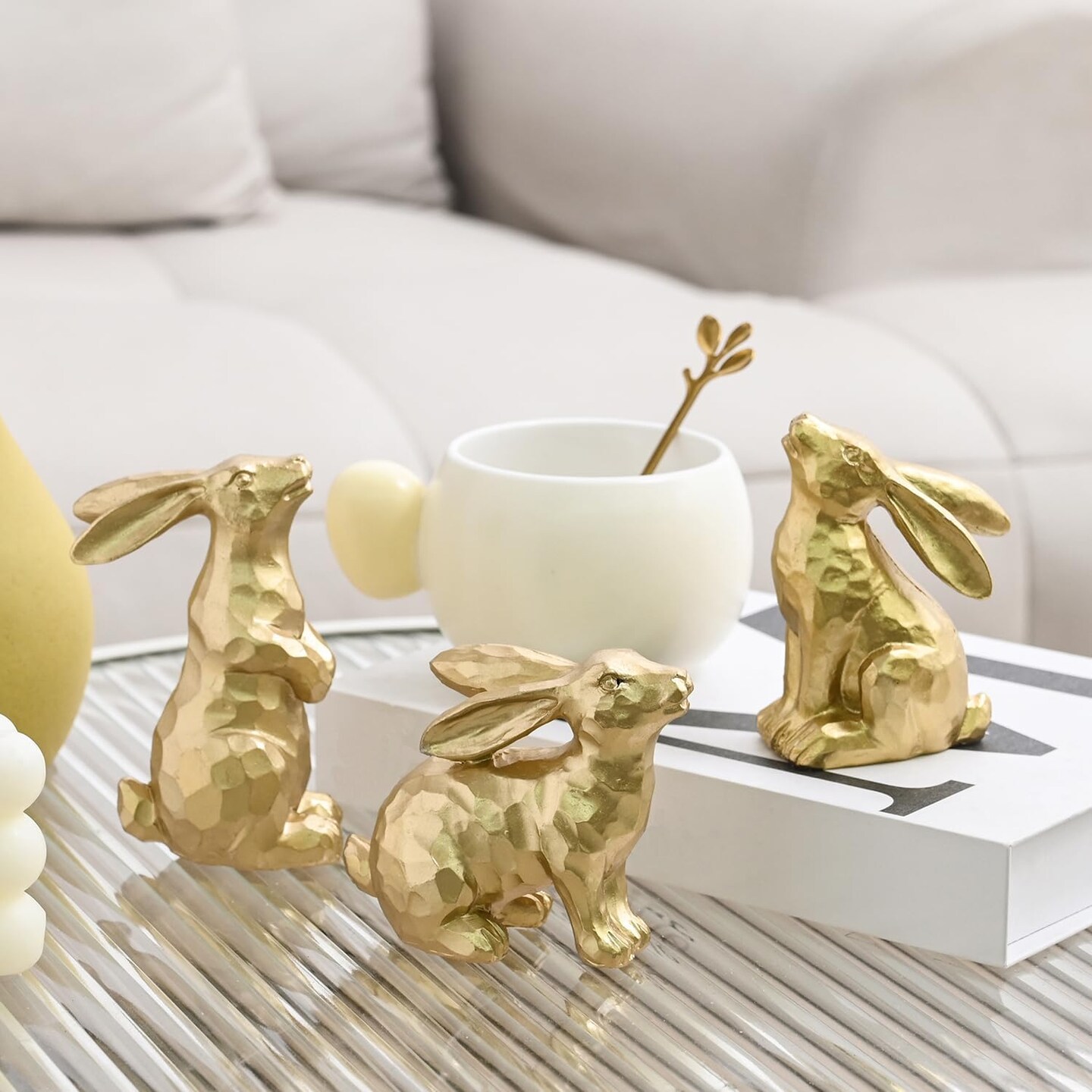 Resin Gold Bunny Decor Rabbit Figurines, Small Easter Bunny Figurine Set of 3