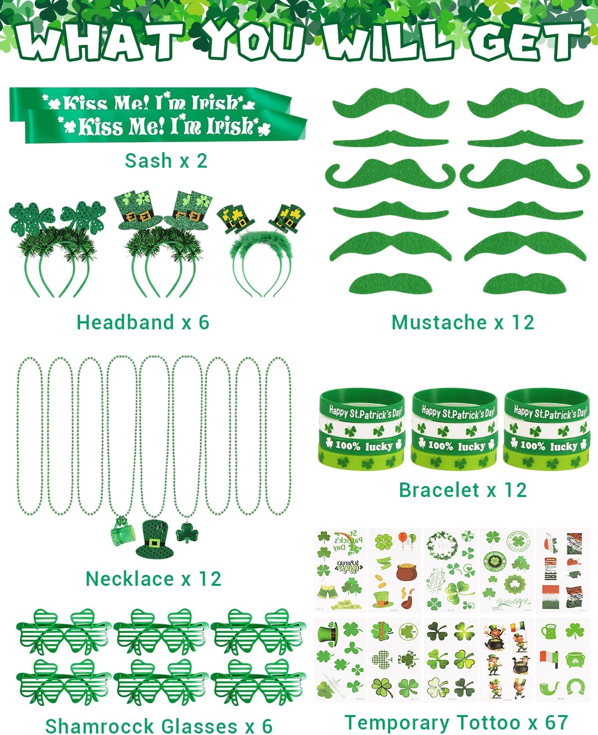 St. Patrick&#x27;s Day Party Favor Set, St. Patrick&#x27;s Day Novelty Jewelry Assortment with Headband Necklace Bracelet Glasses Tattoo Stickers Accessories Kiss Me I&#x27;m Irish Sash for Irish Party D&#xE9;cor