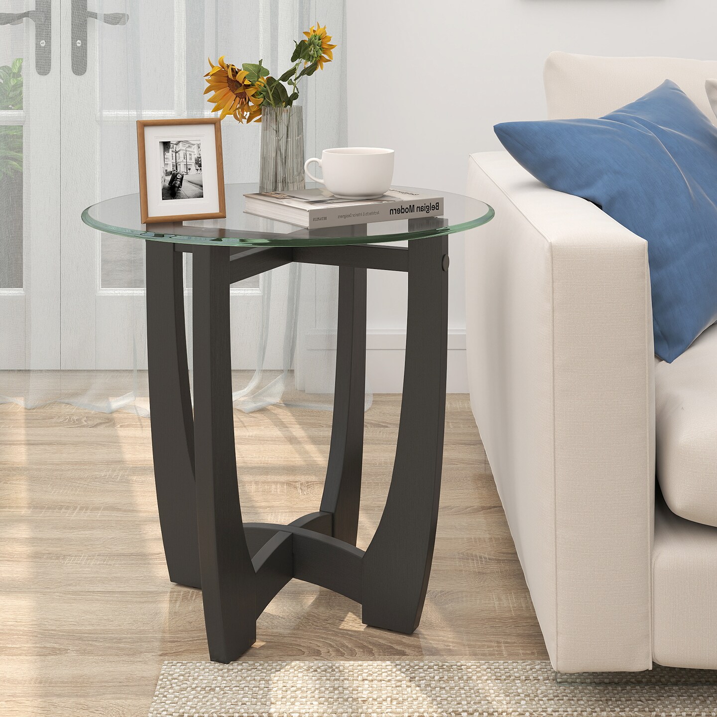 23.5 Inch Round End Side Table with Tempered Glass Tabletop for Living Room-Black