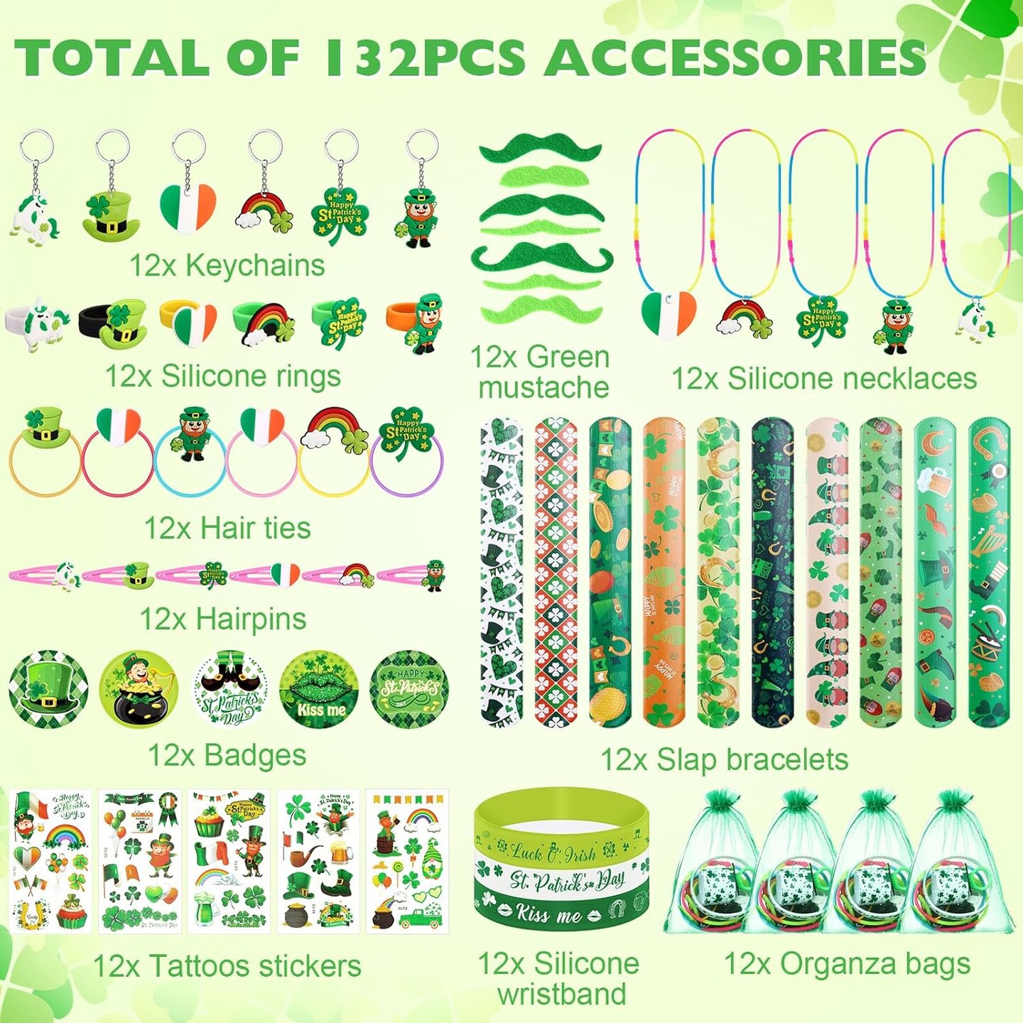 132 Pcs St. Patrick&#x27;s Day Party Favors St. Patrick&#x27;s Day Accessories Set with Shamrock Keychains Tattoos Sticker