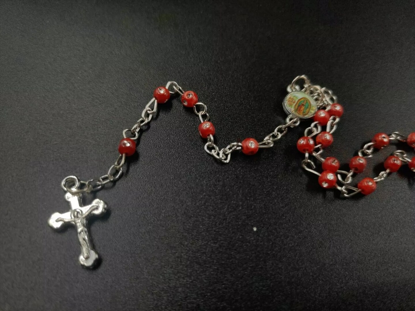12 Rosary in Glass Bible Cross Red Beads CATHOLIC Mary Crucifix Necklace Bottle
