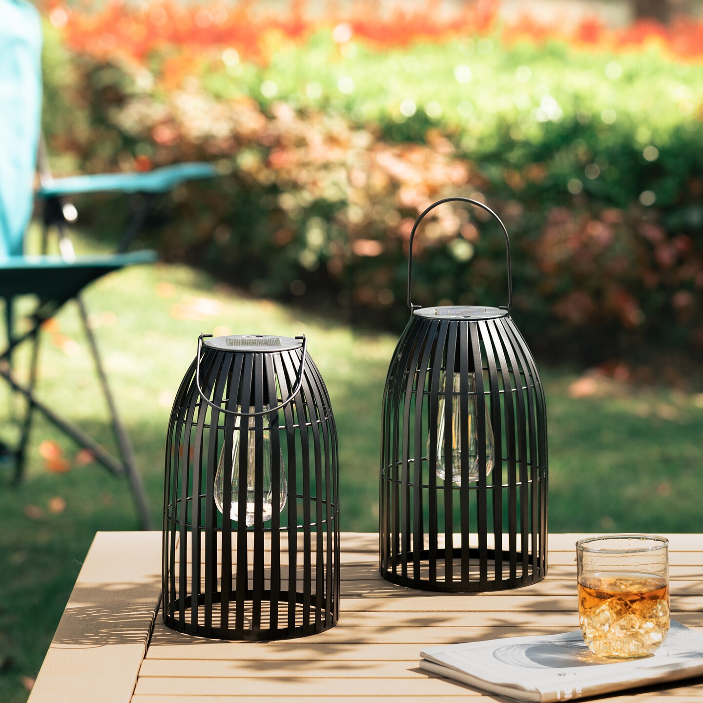 Set of 2/4 9.75&#x22;H Metal Solar Powered Edison Bulb Outdoor Hanging Lantern