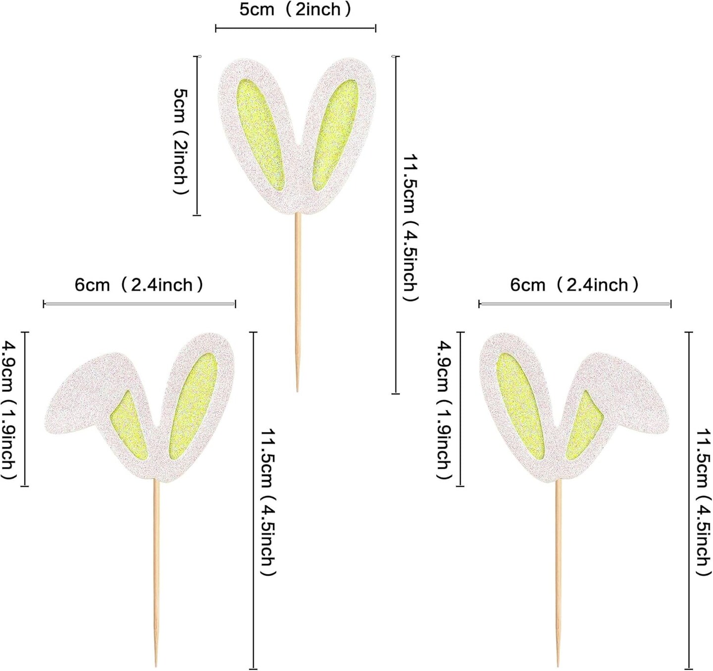 24 Pack Easter Bunny Ear Cupcake Toppers, Yellow Glitter Rabbit Ears Cupcake Picks, Easter Day Cake Toppers for Easter Theme Spring Birthday Baby Shower Party Supplies