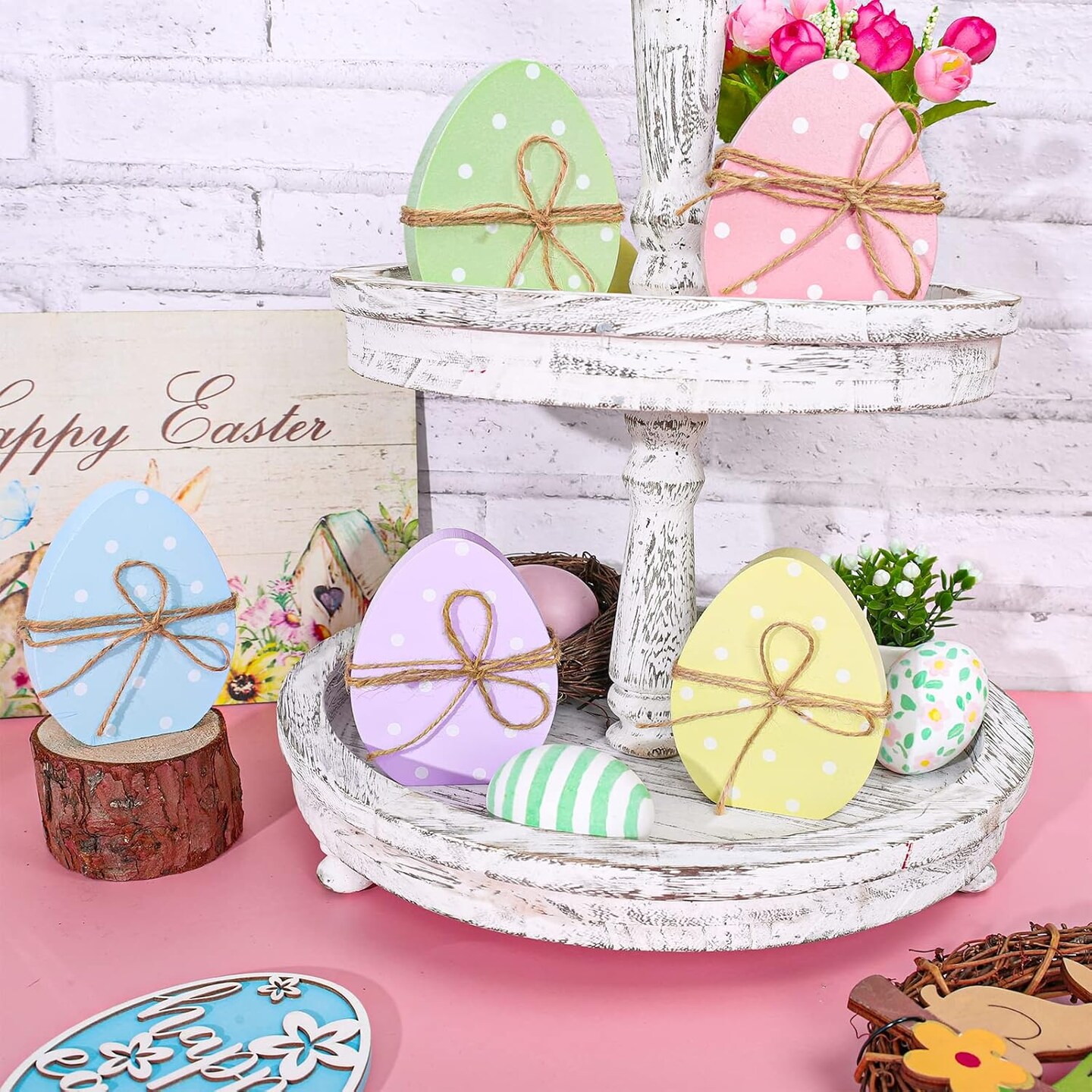 5Pcs Easter Egg Wooden Table Decor Polka Dots Egg Table Centerpieces Cute Spring Easter Standing Egg Wood Signs Easter Tiered Tray Tabletop Decoration with Rope for Home Party Decor