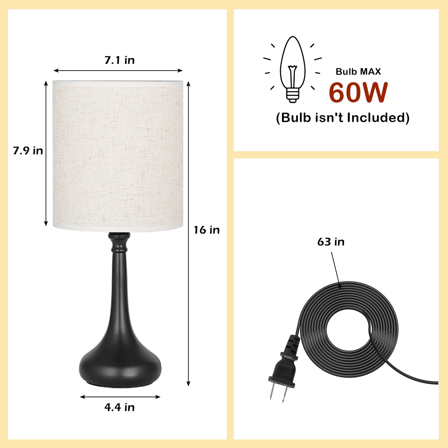 Set of 2 Modern Black Table Lamps &#x2013; Compact Nightstand Lamps with Fabric Shade for Bedroom, Office, and Living Room