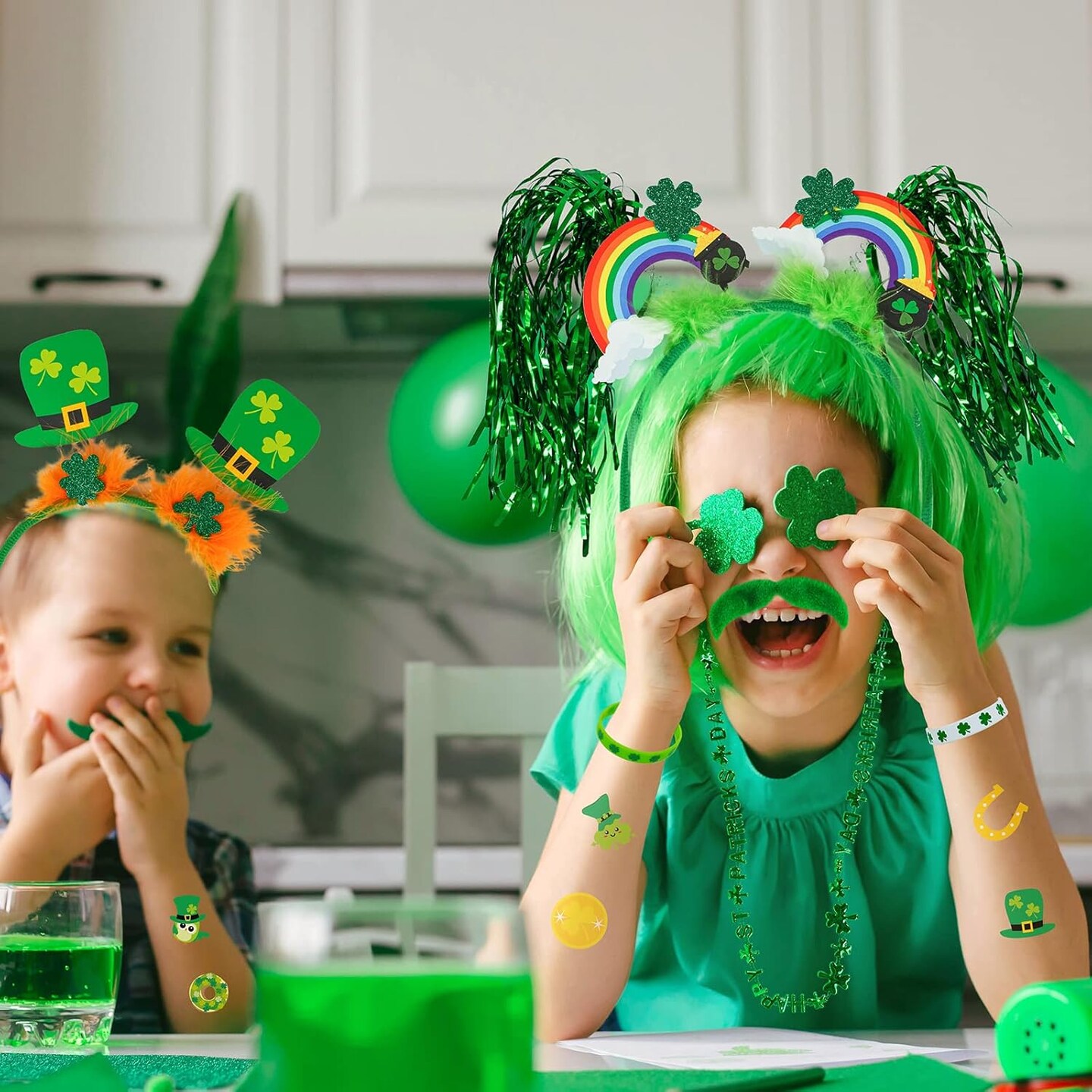 58 Pcs St. Patrick&#x27;s Day Novelty Jewelry Assortment: Necklaces, Head Boppers, Bracelets, Mustaches, Tattoos &#x26; Accessories for St. Patty&#x27;s Day Irish Party Decor