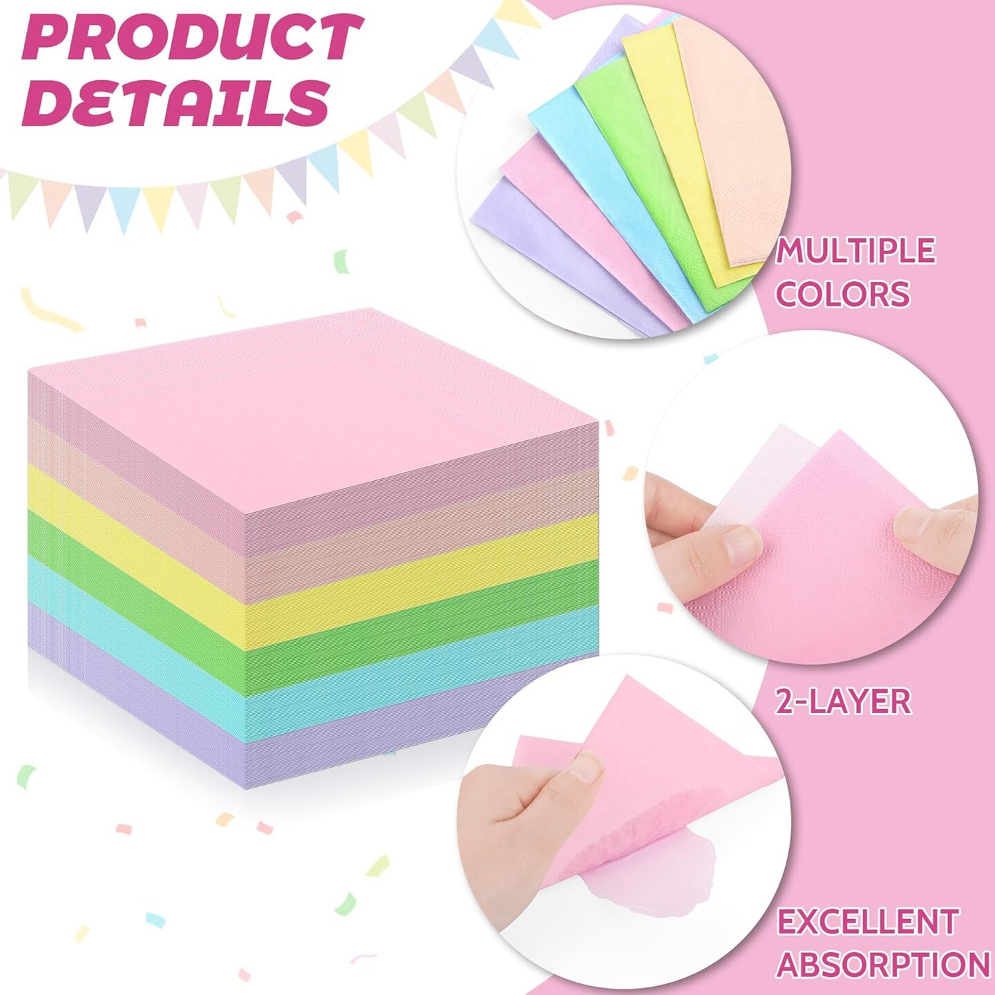 120 Pieces Cocktail Napkin Pastel Rainbow Paper Napkins Beverage Luncheon Paper Napkins 2 Ply for Party Favors, 6 Colors