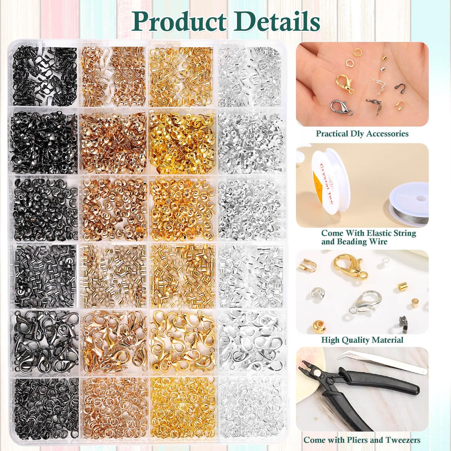 2160 Pieces Crimp Beads Kit for Jewelry Making, Knot Covers, Crimp Bead Covers, Crimp Tubes, Jump Rings and Wire Guardians with Crimping Pliers, Elastic String for Bracelets Necklaces Making